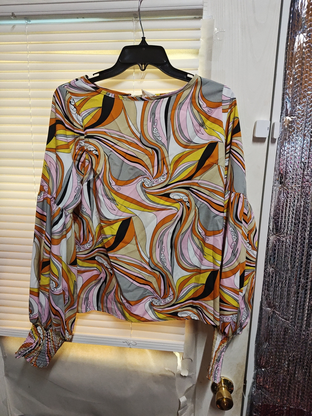 Womens Long Sleeve Swirl Print Blouse in Pink, Yellow & Gray